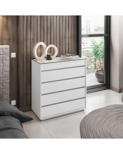 Cômoda Belize Versátile com 5 Gavetas e Organizador Tampo de Vidro 90cm Branco