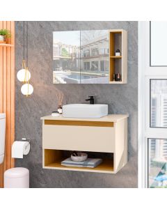 Conjunto para Banheiro Gabinete Suspenso com Cuba e Espelheira Florence Off-white