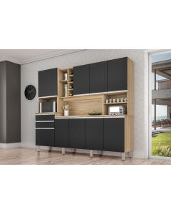 Cozinha Compacta Barcelona com Armários, Balcões, Nicho, e Adega Nature/preto Fosco